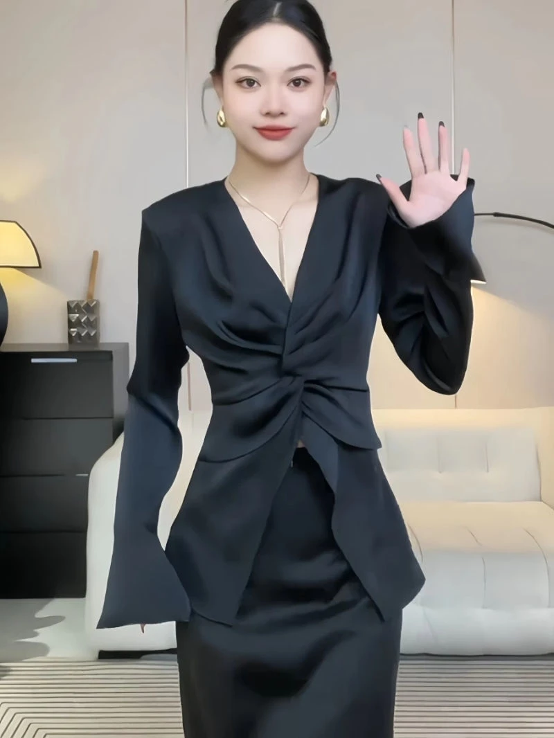 

Шелковый атлас V-Ne Long Sve irt, женский весенне-осенний новый легкий роскошный топ высокого класса, нерегулярный топ