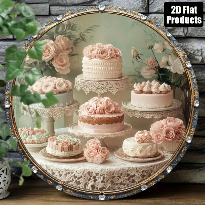 Vintage Cake Round Wall Plaque – 2D Flat Aluminum Floral Lace Dessert Sign for Home Cafe Bakery Decor, No Electricity Needed