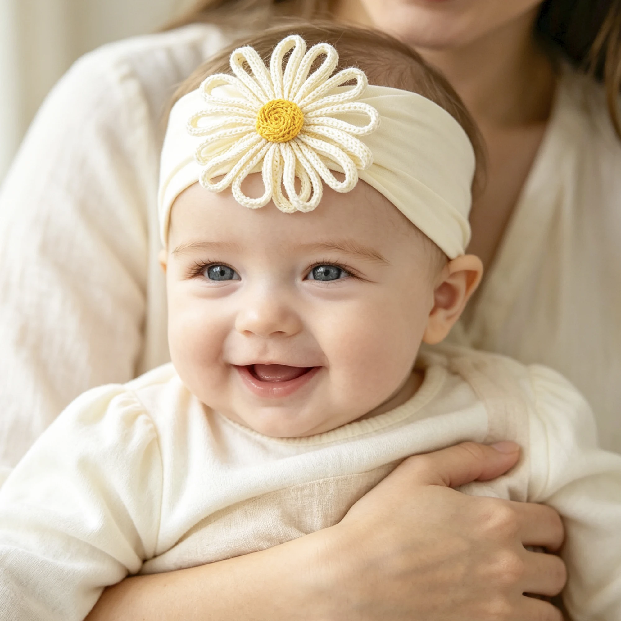 1/5 piece, soft and elastic nylon knotted headband, handmade crochet hollow sunflower newborn baby hair accessory.