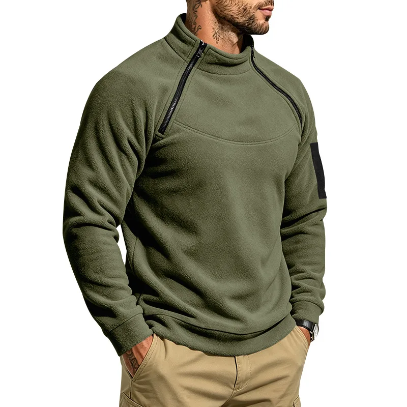 Herren Herbst-Winter-Sweatshirt aus dickem Fleece, Stehkragen, Doppelreißverschluss, lockere, warme Outdoor-Wanderjacke für den Alltag. – Detail 14