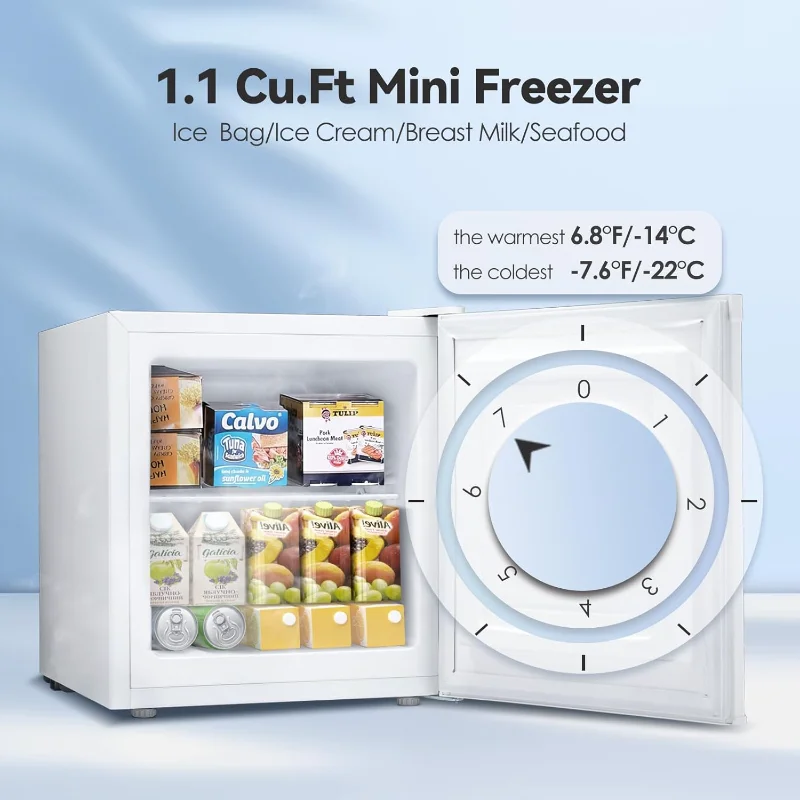 فريزر مستقيم صغير 1.1 قدم مكعب، فريزر صغير مدمج مع أرفف قابلة للإزالة، ترموستات قابل للتعديل، مفصل باب قابل للعكس
