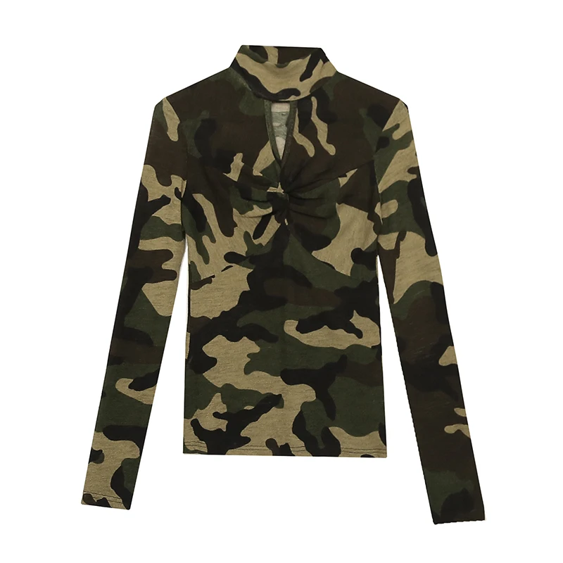 Winsleter-Camiseta de manga larga para mujer, Top básico ajustado con estampado de camuflaje, cuello simulado, Sexy, otoño e invierno, T39770JM