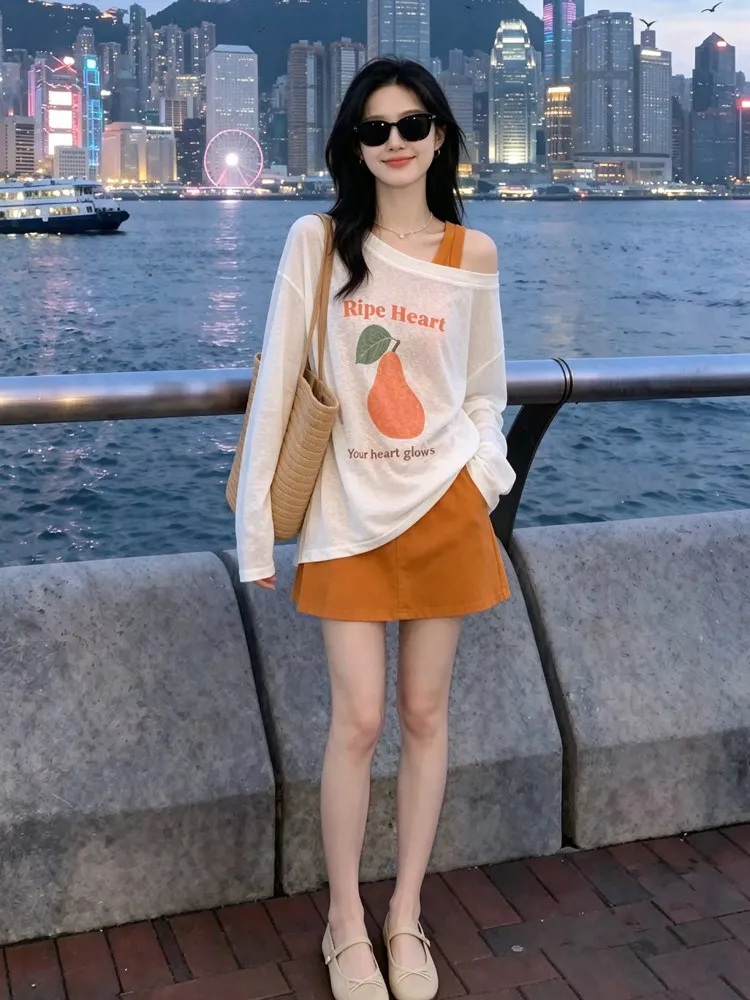 Summer Fashionable Fruit Print Long Sleeve Sun Protection Cover up Thin Women's T-Shirt Top Set Casual Style Standard Fit Cotton