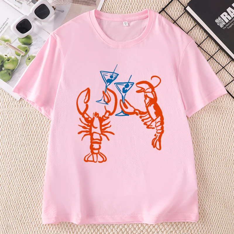 Funny Martini Lobster Graphic Tee Men Women Summer Cocktail Lover T Shirt Pullover Crew Neck Print Short Sleeve Tshirts