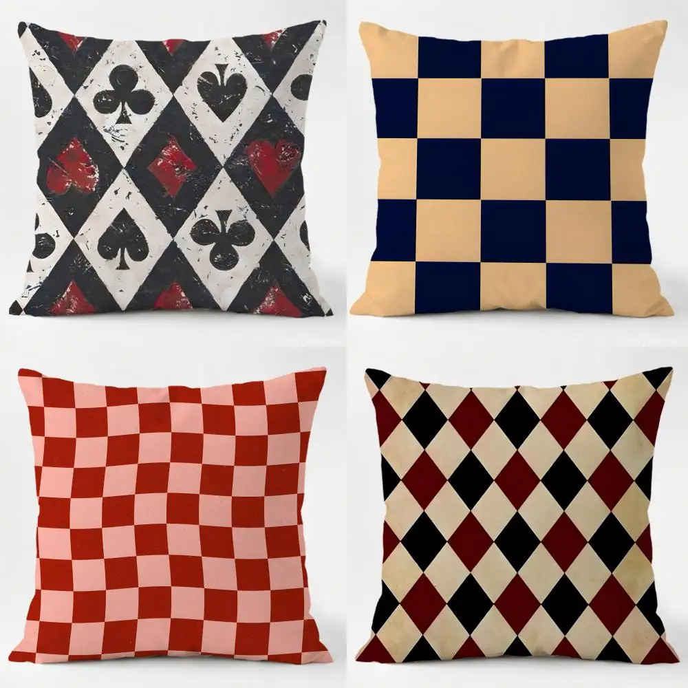 V-Vintage Checkerboard Cushion Cover Daily Washable Linen Pillowcase Soft  for Sofa Bed Home Room Decor