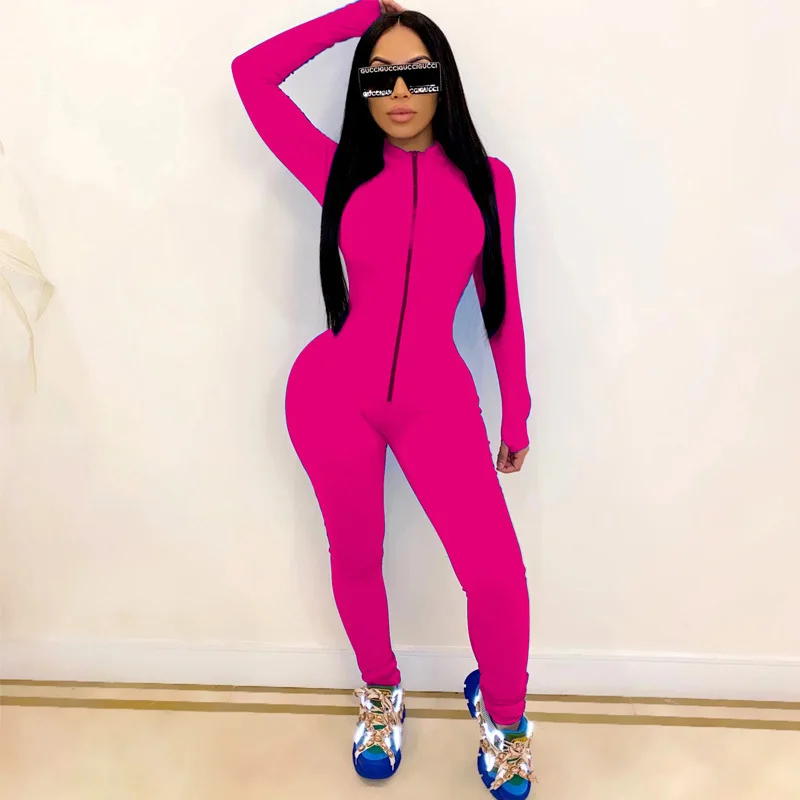 

Solid Front Zipper Bodycon Jumpsuit Women Long Sleeve Casual Sheath Elastic Sporty Rompers Jog Running One Piece Overalls Winter