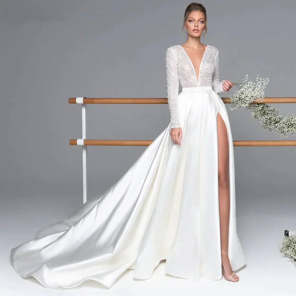 Deep V Neck A Line Wedding Dresses For Women Sequins Long Sleeves Skrit Bridal Gowns Split Slit Vestido De Novia Customized