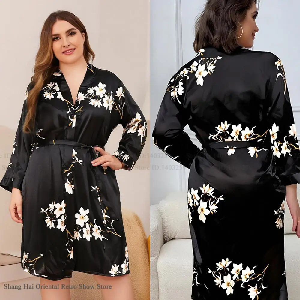 Vestido de talla grande 3XL 4XL 5XL para mujer, bata de baño tipo kimono con estampado de flores negras, ropa de dormir de satén para primavera, camisón informal para el hogar