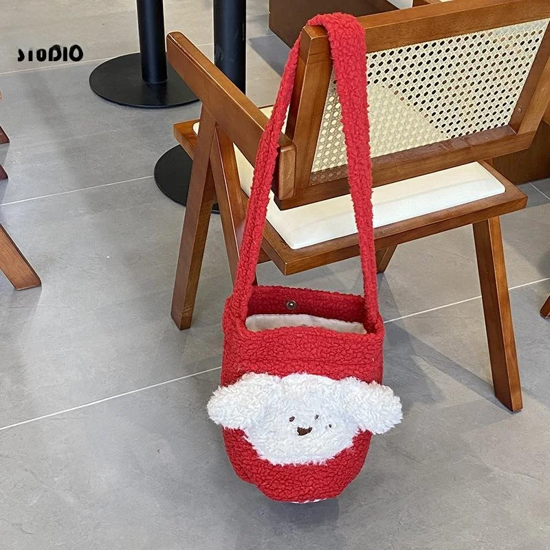 Cute Little Dog Bucket Bag Women's Fashionable Crossbody Plush round Cylinder Bag Single Strap Casual Cartoon Pattern Bag