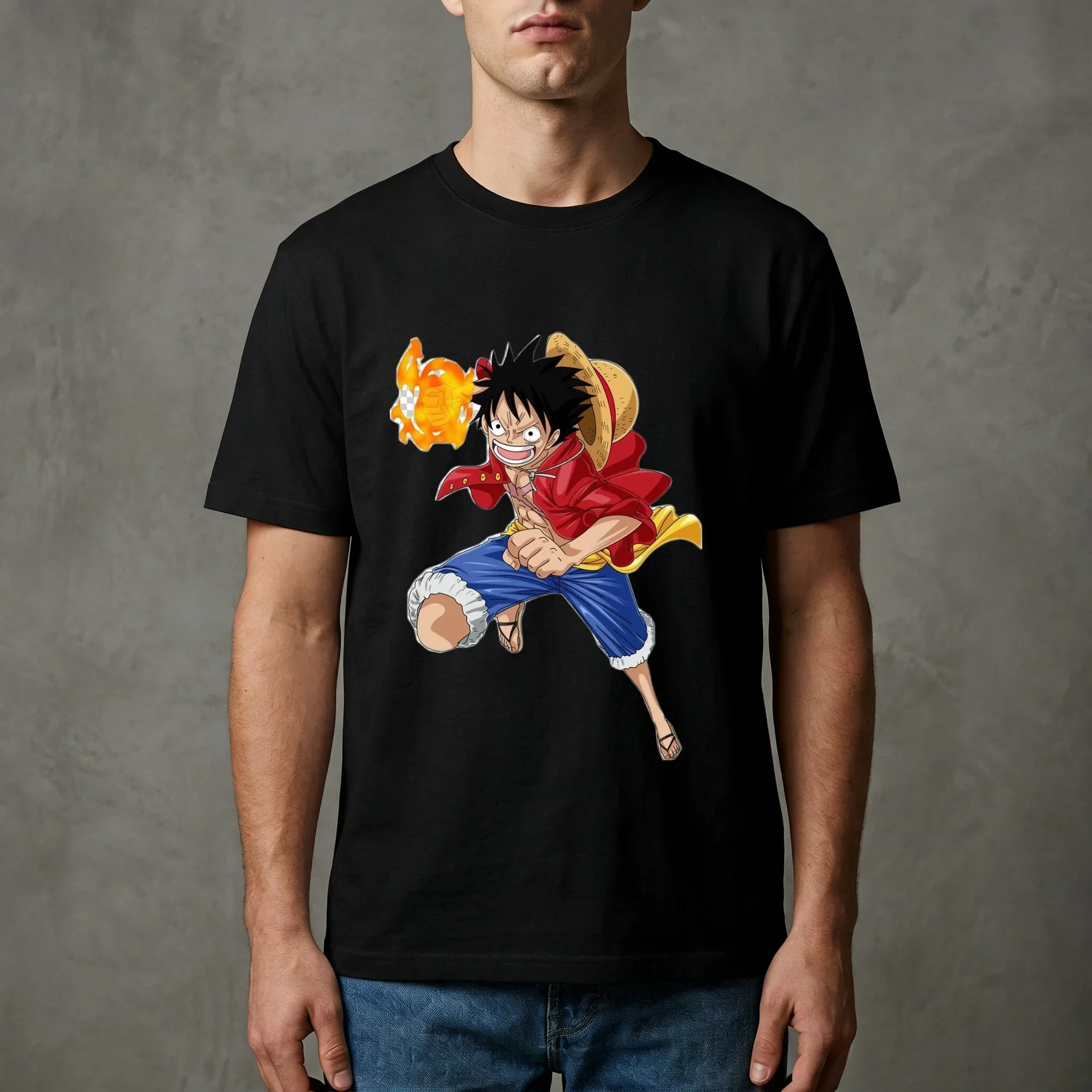 Men's Kids High - Quality Breathable Fabric Fashion T - Shirt, One Piece Monkey D. Luffy Battle Pose Fire Effect Graphic Print