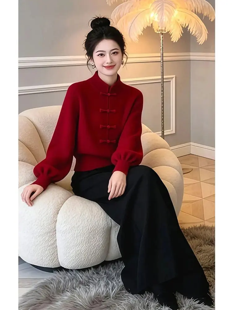 

Красный новый китайский свитер с пуговицами из пряжи Lantern Sve с высоким воротником, красивый вязаный топ для женщин