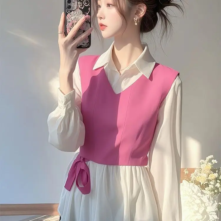 

Long Sleeve Chiffon Blouse Spring Women Fashion Top Luxury High-end Waist Cutout Two Piece