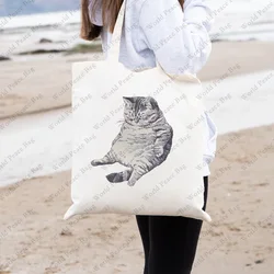 1 Pc Cute Cat Kitty Pattern Tote Bag Lightweight Canvas Shoulder Bag for Travel Daily Commute Women Reusable Shopping Bag Trendy