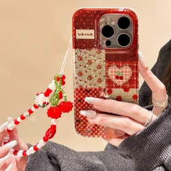 Korean Cute Love Heart Plaid Cherry Bow Flower Pearl Bracelet Letter Phone Case For iPhone 16 15 14 13 Pro Max Protective Cover