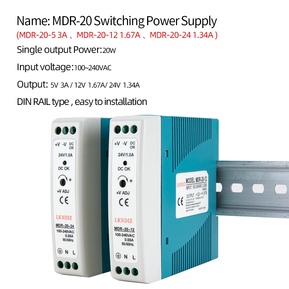 AC/DC Industrial Mini Din Rail Power Supply Switch MDR-10W Single Output Switching 5V 12V 15V 24V 36V48V Source