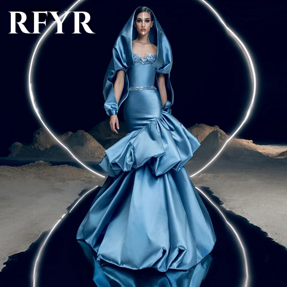 

RFYR Blue فساتين سهره Mermaid Satin Evening Dresses Prom Dress Puff Sleeves Slit Cape Tiered Party Dresses Wrap Hips 프롬드레스