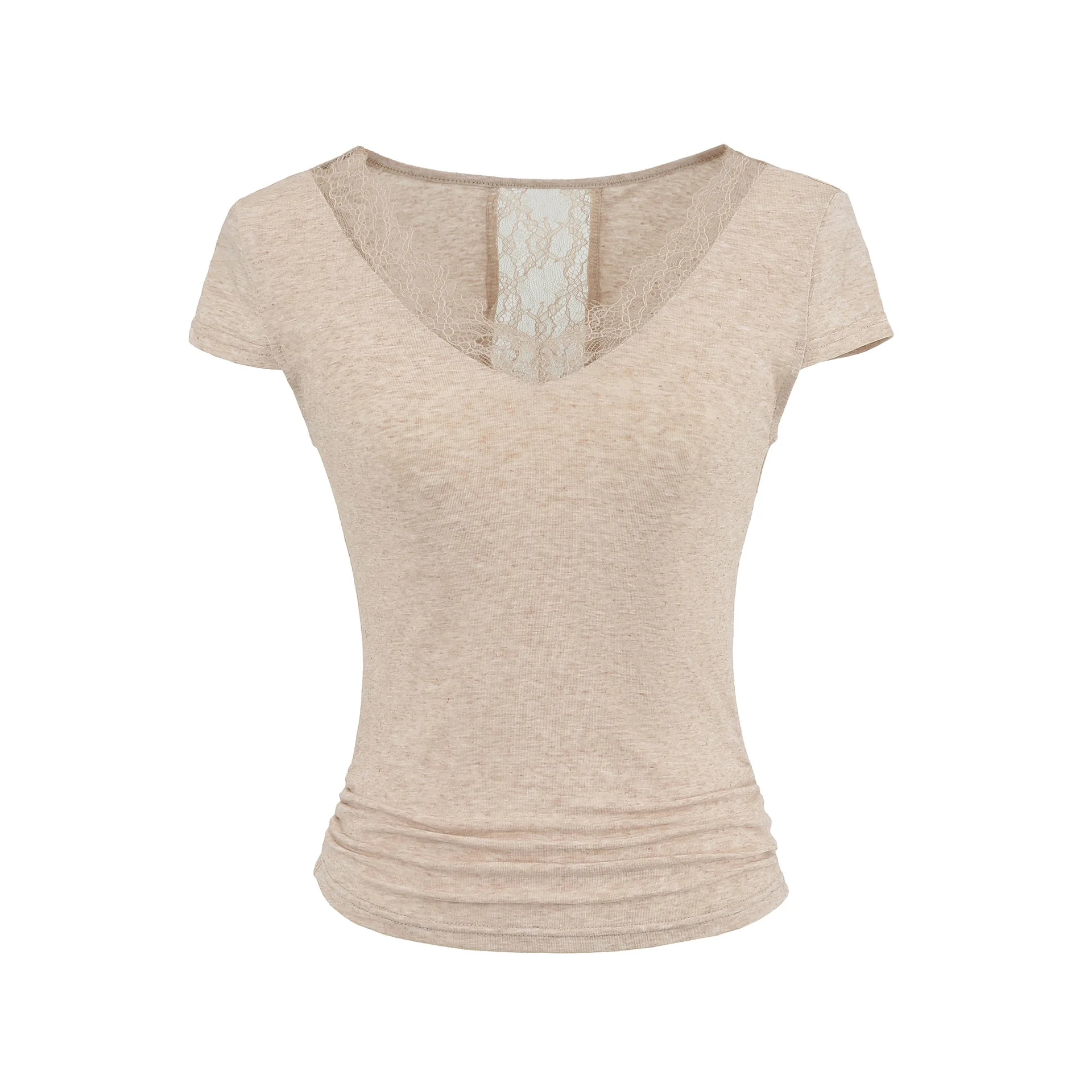 American-style spicy girl V-neck lace patchwork short-sleeve T-shirt for women  summer collection tight-fitting stretchy O5