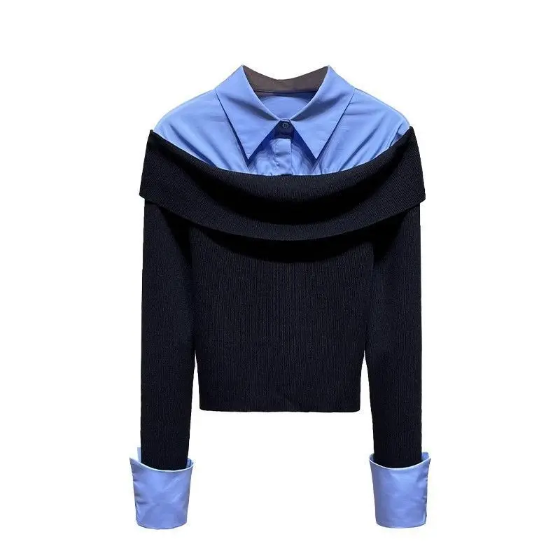 One-word shoulder fake two-piece shirt collar top 2025 spring new high-intelligence  slim-fitting and thin knitted sweater
