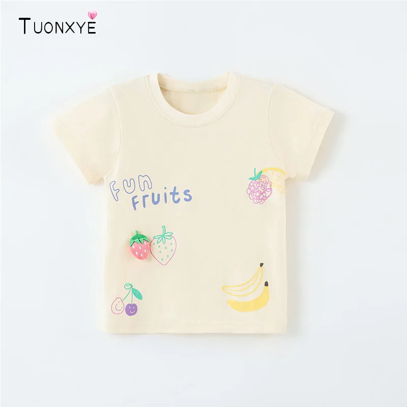 TUONXYE Girls 100% Cotton Short Sleeve T-Shirt Cute 3D Strawberry Fun Fruits Print Kids Soft Breathable Summer Casual Tee Tops