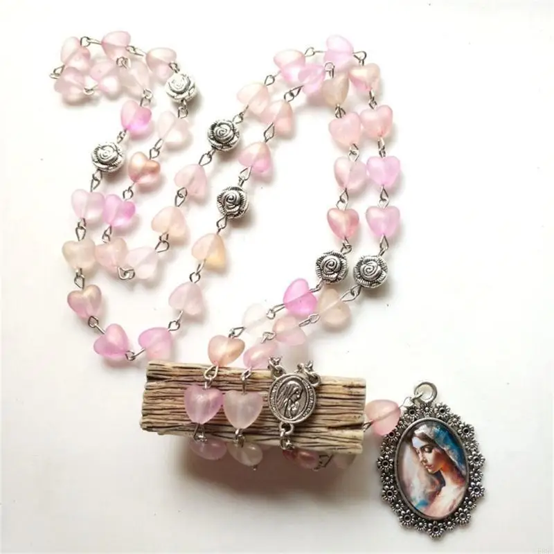 Pendentif antique en forme cœur Rose, chapelet perles, collier prière religieux, cadeau