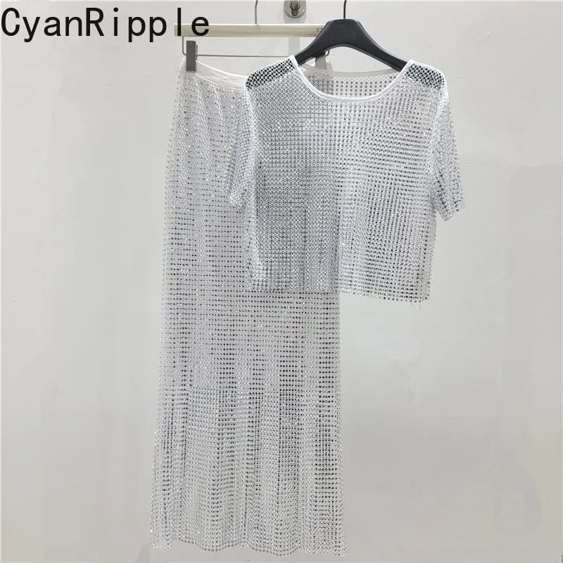 Blingbling Shiny Women Two-piece Set Hot Diamonds Hollow Out Short Sleeve T-shirt Top+Elastic High Waist Ultra Long A-line Skirt