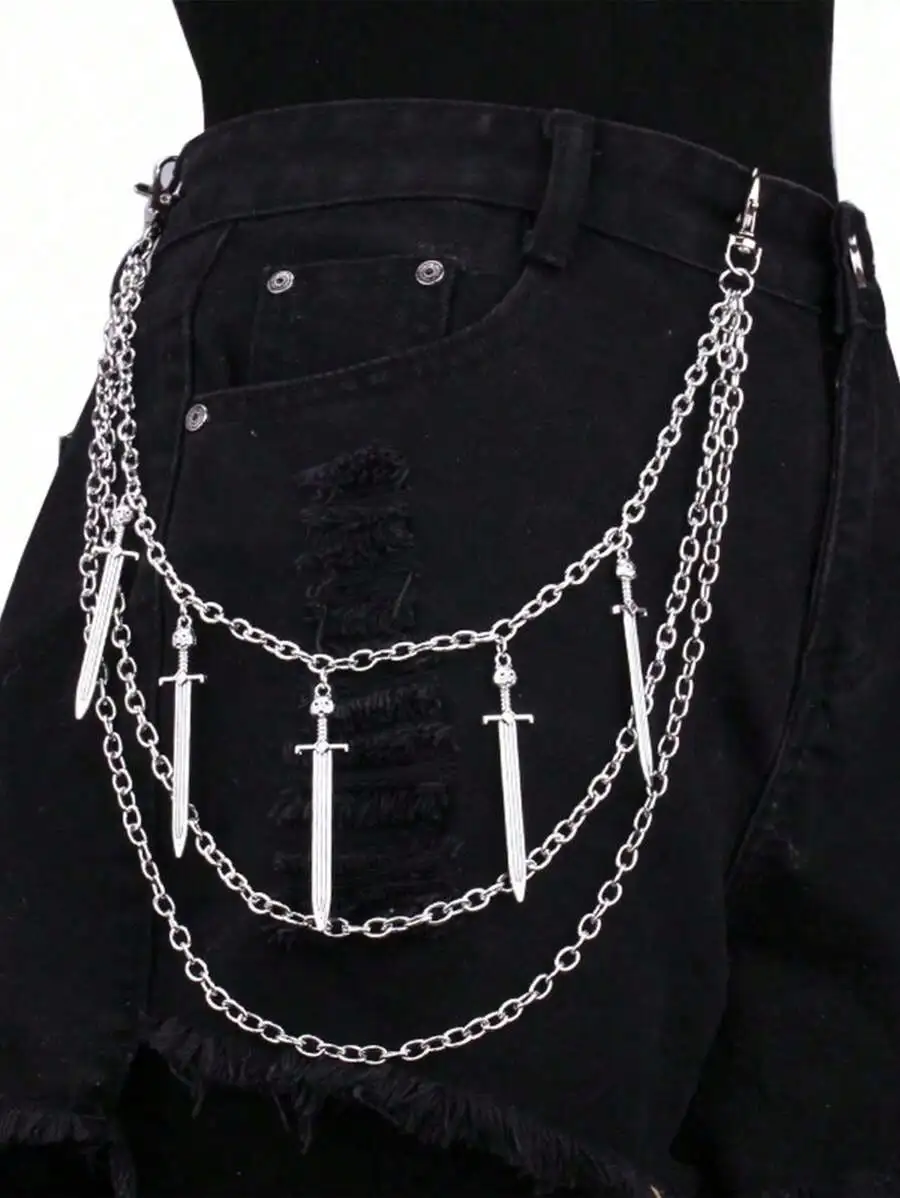 

Vintage Multi-Layer Alloy Sword Pendant Necklace, Metal Chain, Punk Style Jeans Decoration Summer, School Fall, Autumn, Halloween