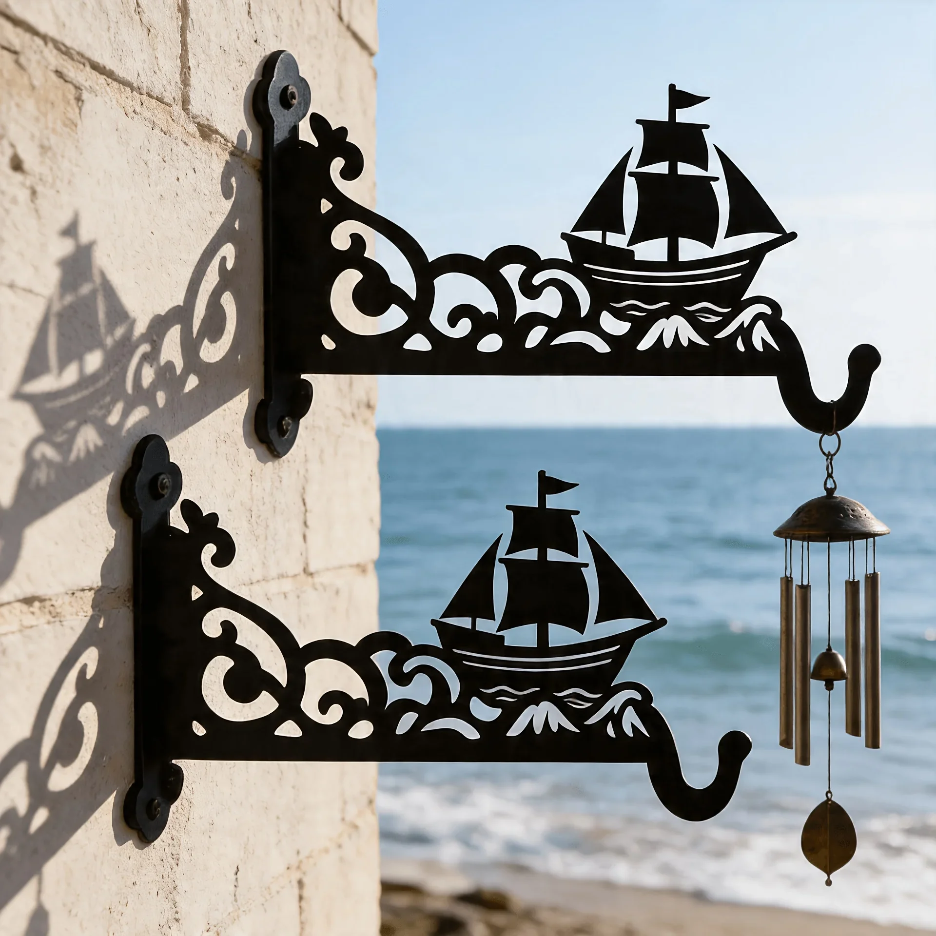 【2D Flat】Coastal Iron Sailboat & Wave Wall Mount – Rustic Hanging Plant Stand for Yard, Fence Balcony – Great Ocean-Themed Gift
