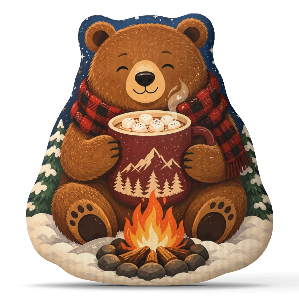 Campfire Bear Shaped Pillow Cozy Cocoa Cushion Winter Camping Throw Pillow Plush Stuffed Home Decor Gift for Campers Cabin