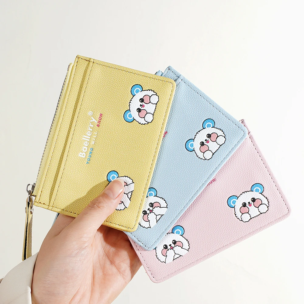 1Pcs Japanese-Style Cute Bear Print Mini Zipper Card Holder, Cute Pu Leather Ultra-Thin Coin and Card Holder, Trendy Macaron Color Women's Daily Small Bag