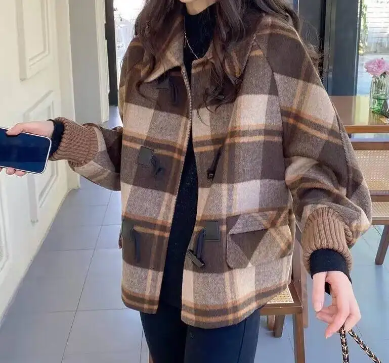 

Wool Blend Coats Womens Woolen Coat Thickened Plaid Fall Velvet Sashed Collar Romantic Modern Style Banquets Conference Overcoat