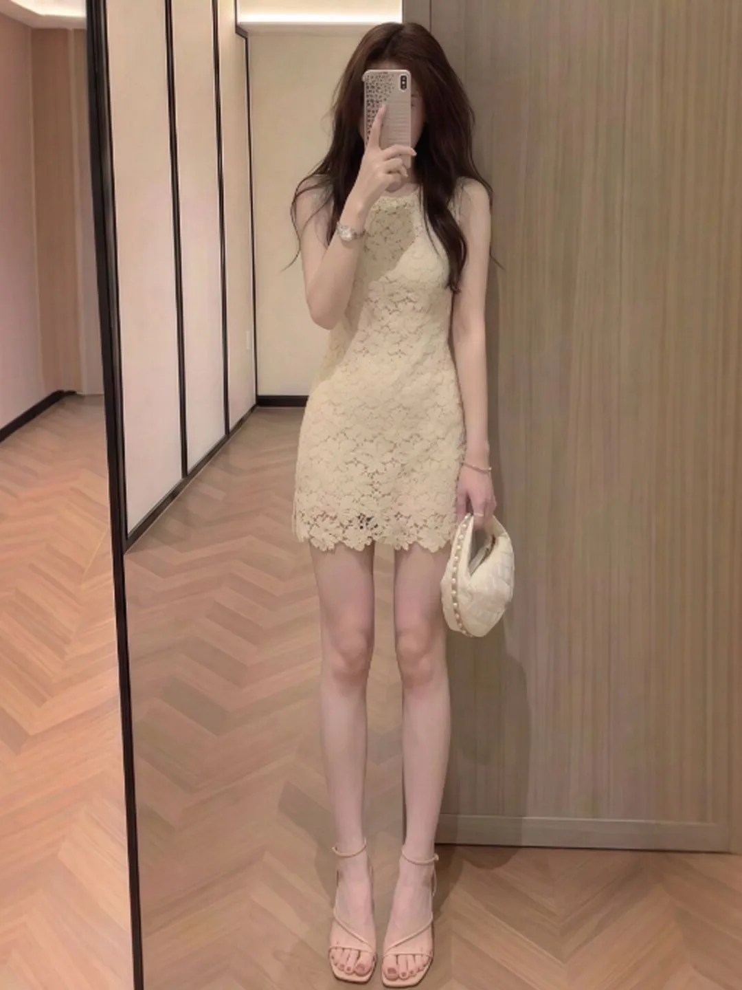 

Unique Pure Desire Short Skirt Dress Neck Hanging Waist Cinching Bodycon Summer Cotton High Waist Lace Sleeveless City Commute