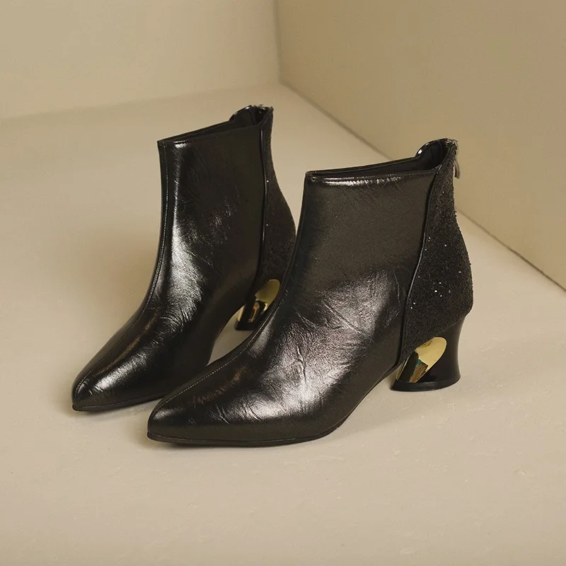 

Women Autumn Winter Back Zipper Pointed Toe Block High Heel Booties Women's New Versatile Soft Leather Ankle Boots