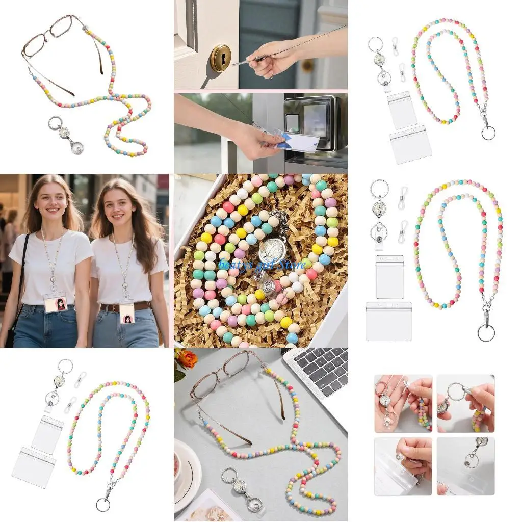C7AB Beaded Lanyard and Clear Card Holder Set Retractable Badge Holder with Card Case
