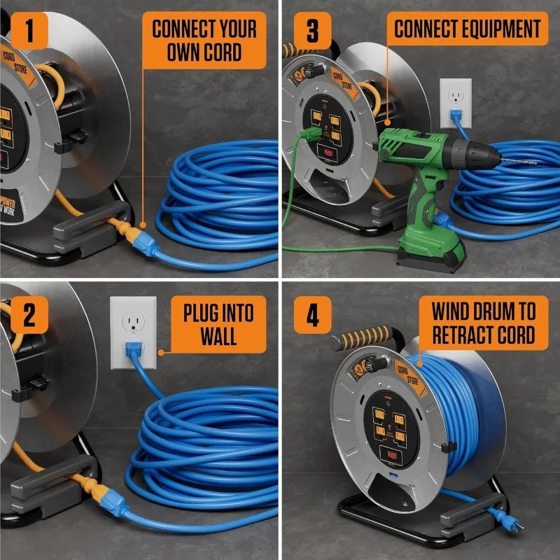 بكرة سلك بطول 1 قدم، طبلة كابل معدني، سلك تمديد قابل للسحب مع مقبض لف، قاطع دائرة التحميل الزائد الآمن ومفتاح الطاقة