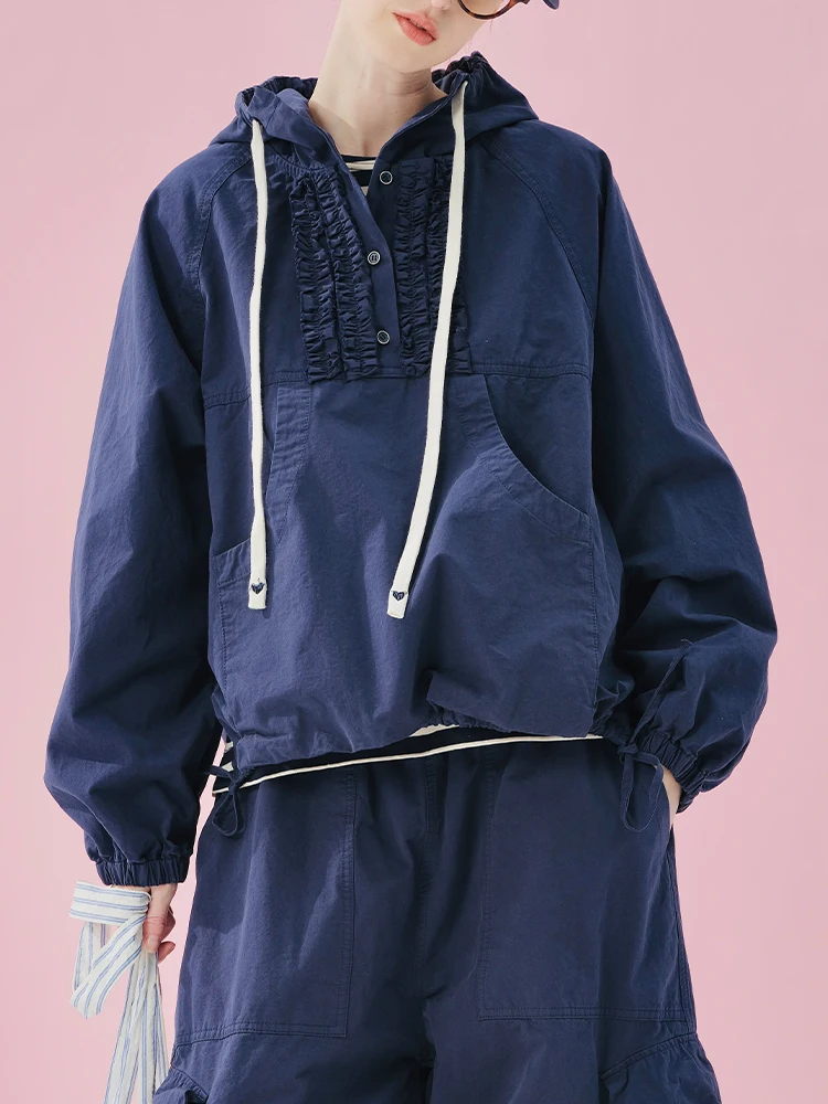 

Iokoni Japanese Sle k Blue Cotton Jaet Women's Spring High Densi Twill Hooded Sweatirt Workwear Casual Outerwear