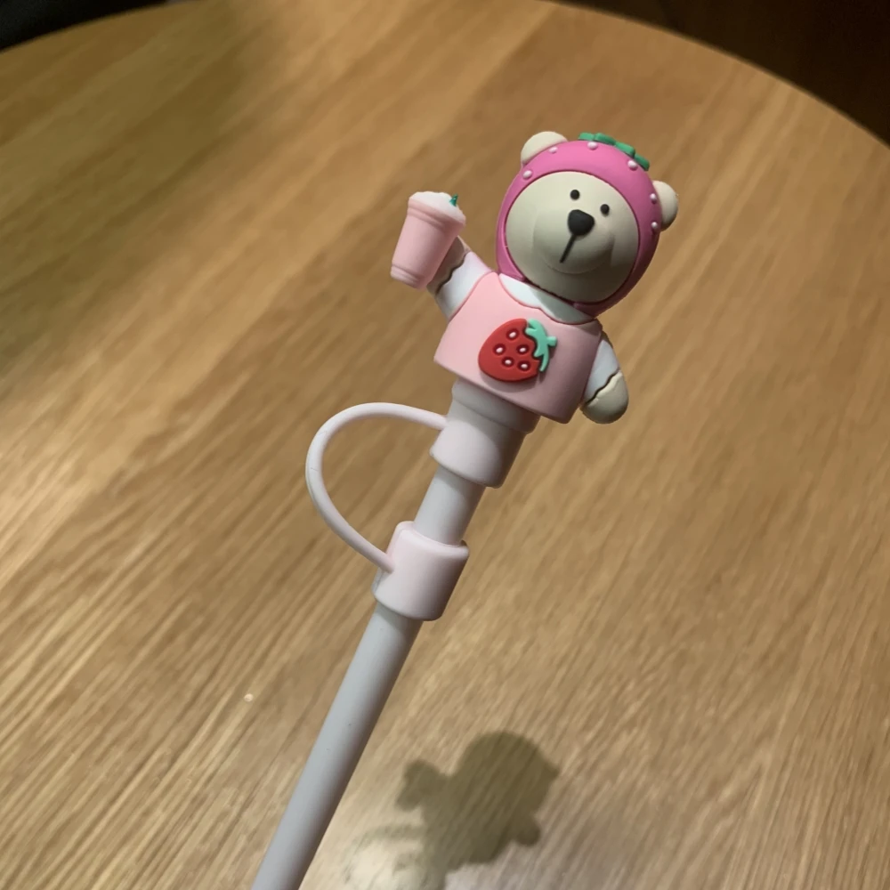 Cute Bear Straw Cover Pink Dust Cap Silicone Straw Toppers  Tumbler Cup Accessories For 7-8mm Straw