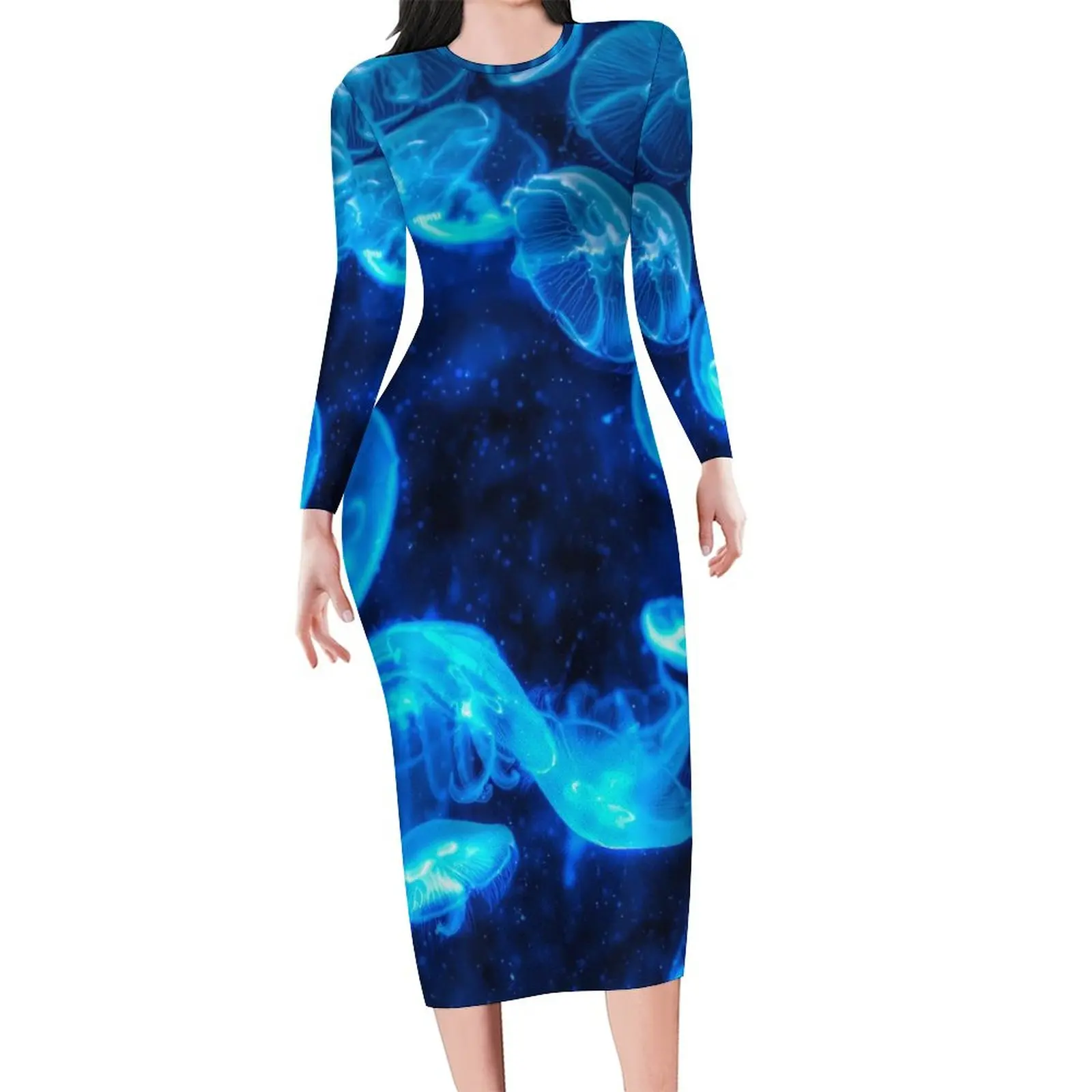 Nautical Jellies Print Dress Long Sleeve Blue Jellyfish Sexy Dresses Holiday Ladies Fashion Custom Bodycon Dress Big Size 5XL