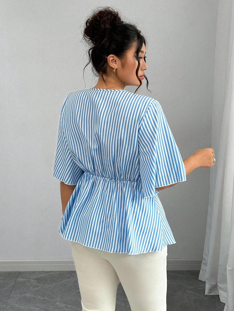 بالإضافة إلى حجم شريطية مطبوعة كشكش كم Bowknot الخصر حجم كبير الخفافيش كم قميص عادية الخامس الرقبة قميص