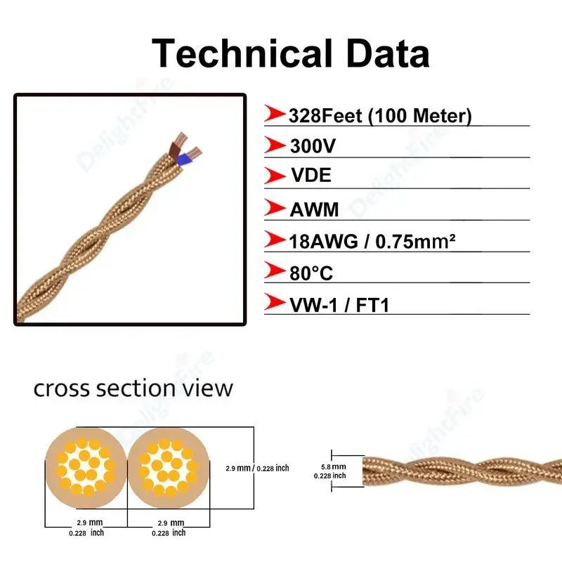 2 Core Twisted Pair Cable Vintage 18 AWG Fabric Textile Braided Electrical Wire for Antique Edison Lamp Pendant Light Power Cord