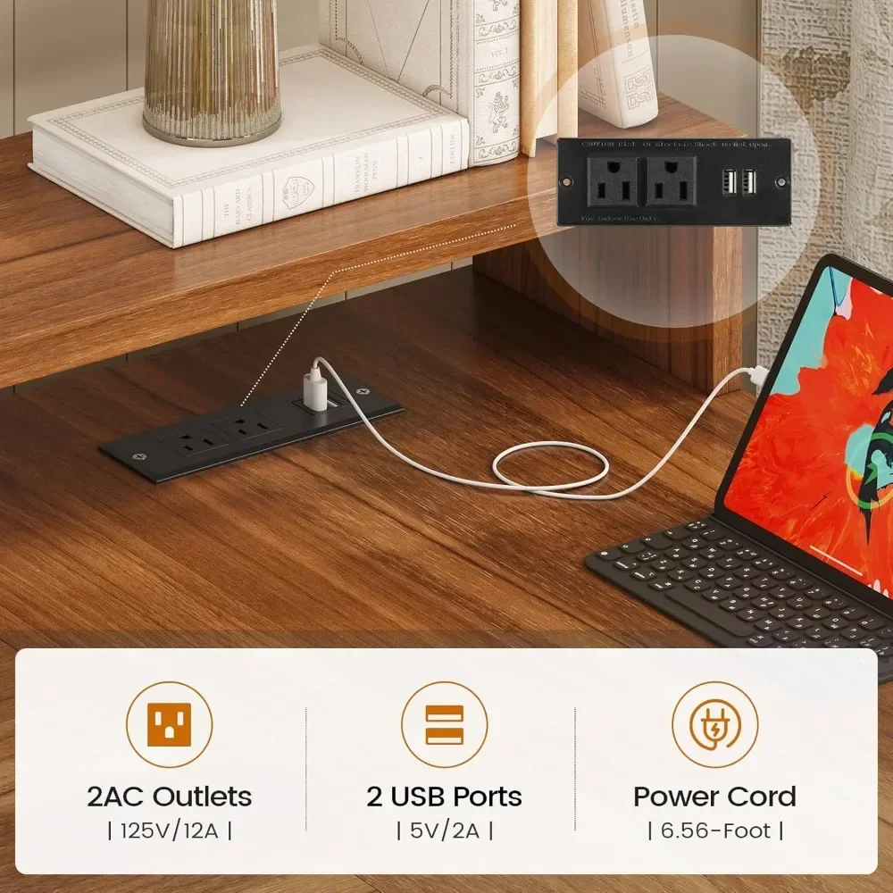 مكتب Farmhouse على شكل حرف L، مكتب مكتب منزلي مقاس 55 بوصة مع أدراج وأرفف تخزين، مكتب ألعاب على شكل حرف L مع أضواء LED،