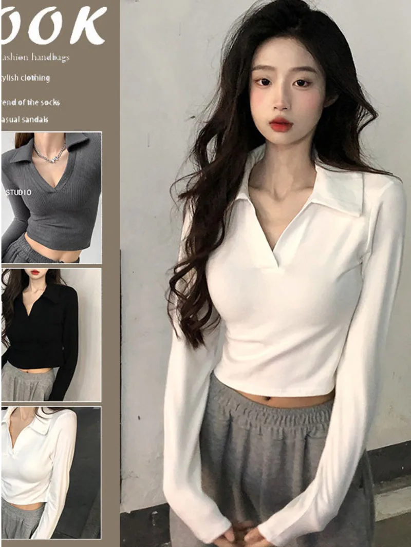 Polo collar shoulder length long sleeved t-shirt for women in spring 2024 new slim fit short bottomed shirt slim top for 6WFL