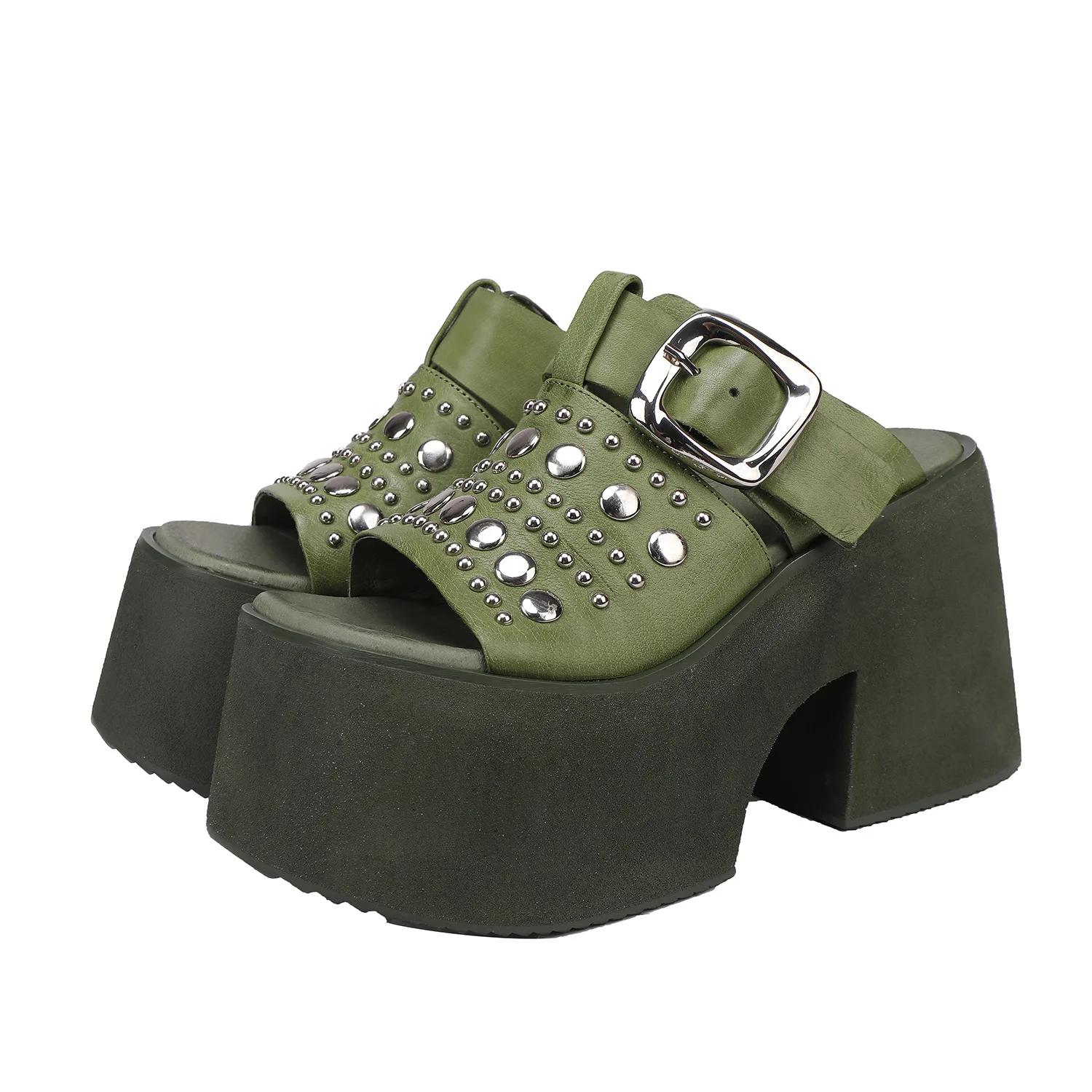 

GKTINOO Genuine Leather Thick Sole Super High Heels Slippers Summer 2026 New Height Increasing Fashionable Rivet Women's Shoes