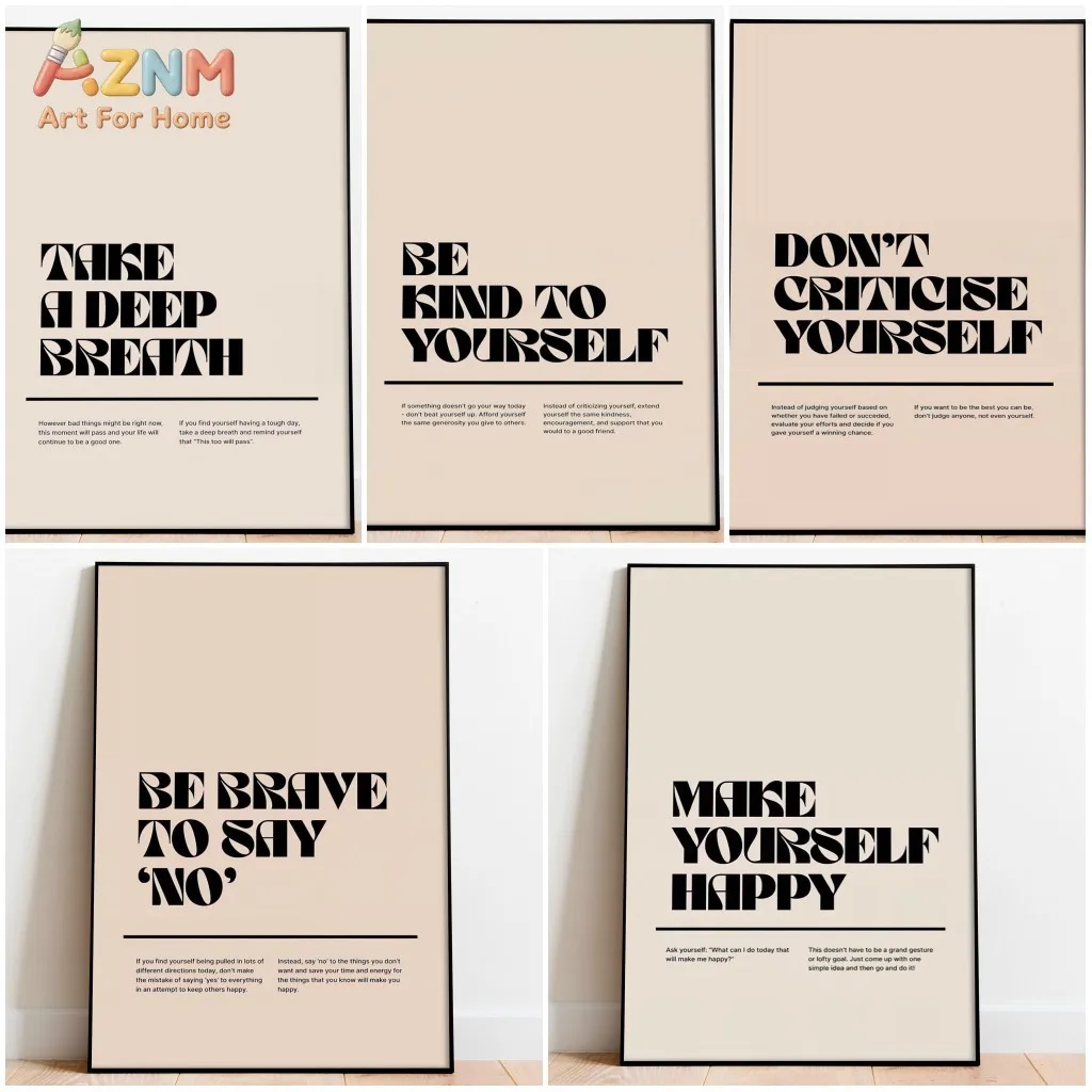 AZNM Impression sur toile de type graphique d'affirmation positive, beige neutre, citation textuelle motivante sur l'amour-propre, art mural sur toile non encadré pour bureau