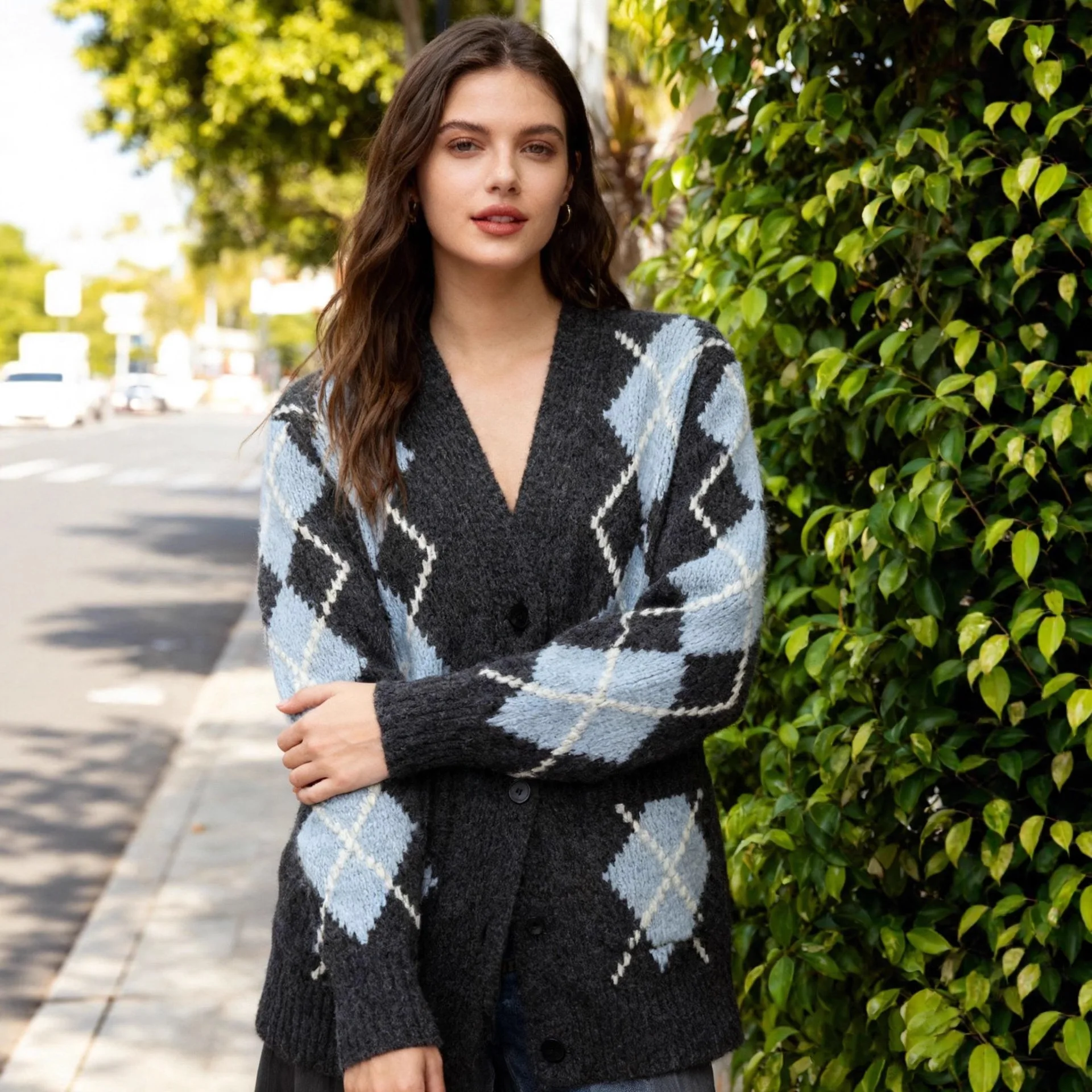 

Women's Patchwork Knit Jacket Autumn Winter Retro Casual Diamond Pattern Jacquard Knit Cardigan Loose Buttoned V-neck Sweater