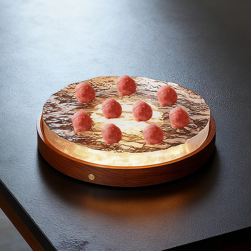 Solid wood base floral pattern glass disc square plate
