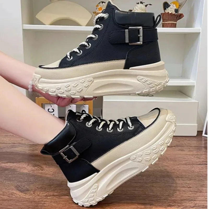 2024 Summer High Gang White Shoes Female Heightening Sports Leisure Board Shoes Leather Fashion Canvas Lace Up Women Sneakers