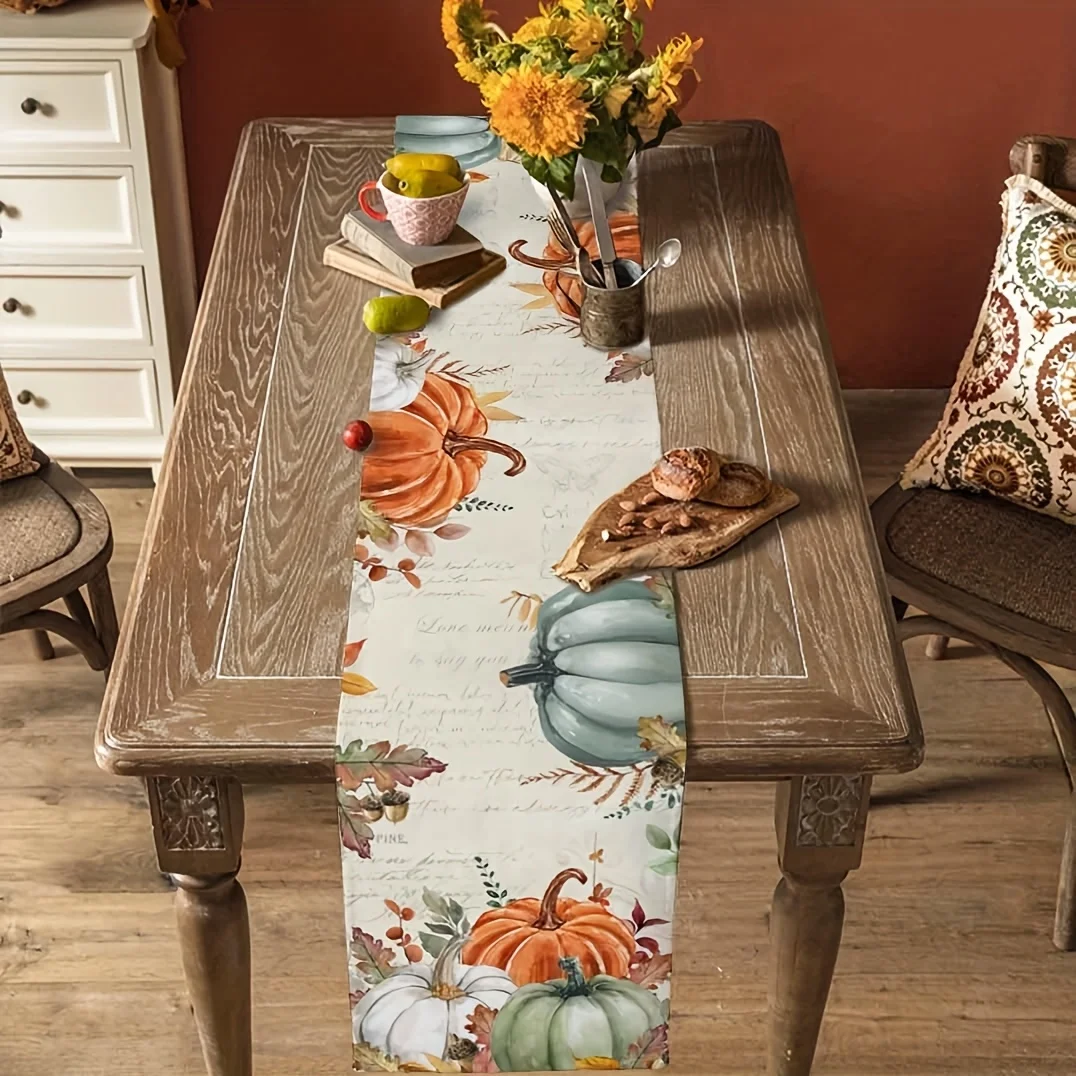 1pc PolyesterFall Table Runner Vintage Rustic Farmhouse Design With Pumpkins, Leaves & Cursive Script, Autumn Thanksgiving Decor