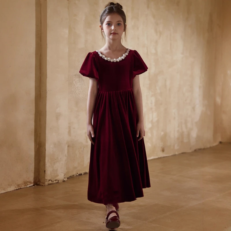 Festive Dress For Girl Burgundy Velvet Children Birthday Princess  Kids Flower Wedding  Clothes Formal Gown Piano Performance