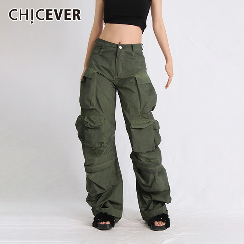 

CHICEVER Solid Loose Cargo Pants For Women High Waist Patchwork Pockets Folds Spliced Zipper Spring Casual Denim Pant Female New