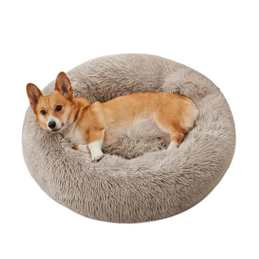 

Calming Dog amp Cat Bed, AntiAnxiety Donut Cuddler Warming Cozy Soft Round Bed, Fluffy Faux Fur Plush Cushion Bed for Small Medi
